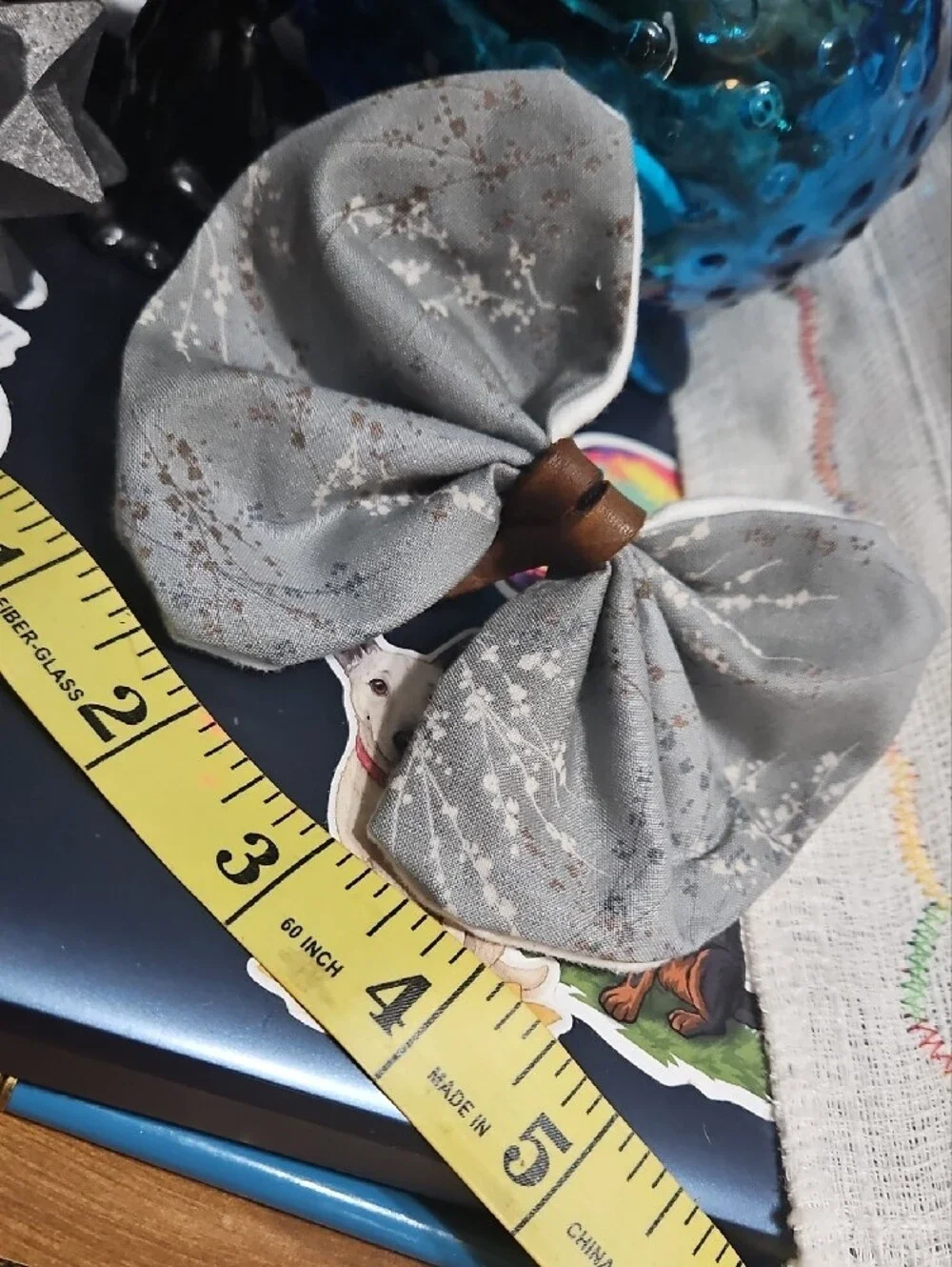Handcrafted Gray Floral And Brown Leather Knot Bow Pet Collar Accent NEW